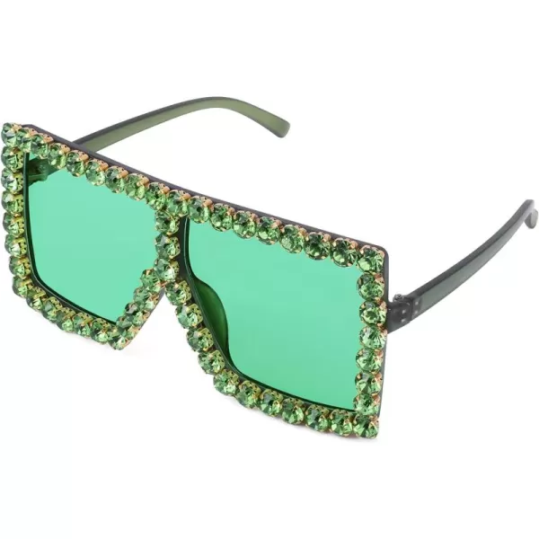 FEISEDY Oversized Sparkling Crystal Sunglasses Disco Diamond Flat Top Fashion Square Large Shades B2782002 Green Diamond  Green Lens