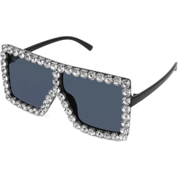 FEISEDY Oversized Sparkling Crystal Sunglasses Disco Diamond Flat Top Fashion Square Large Shades B2782003 White Diamond  Light Grey Lens