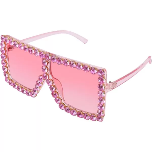 FEISEDY Oversized Sparkling Crystal Sunglasses Disco Diamond Flat Top Fashion Square Large Shades B2782004 Pink Diamond  Gradual Pink Lens