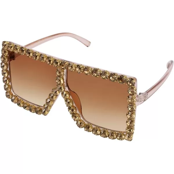 FEISEDY Oversized Sparkling Crystal Sunglasses Disco Diamond Flat Top Fashion Square Large Shades B2782005 Tea Diamond  Gradual Tea Lens