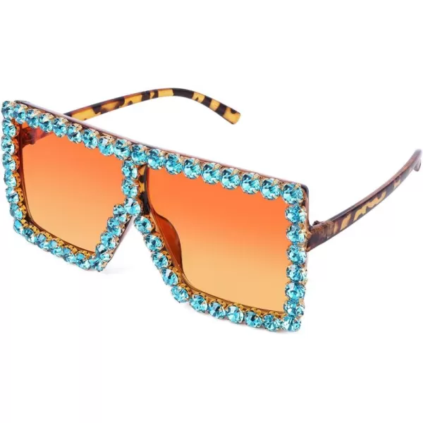 FEISEDY Oversized Sparkling Crystal Sunglasses Disco Diamond Flat Top Fashion Square Large Shades B2782006 Blue Diamond  Gradual Yellow Lens