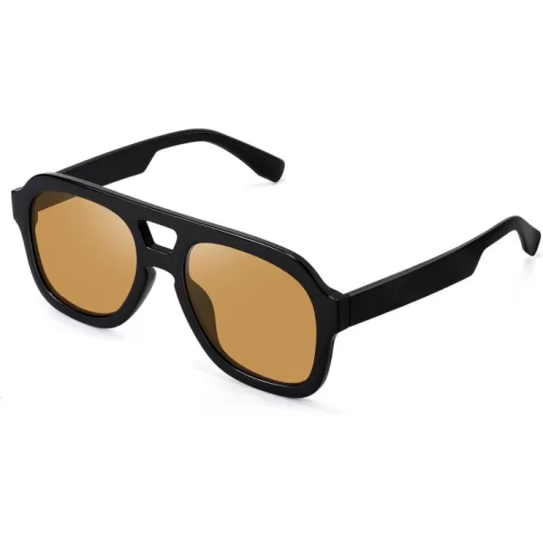 FEISEDY Vintage Aviator Sunglasses Double Bridge Women Men Large Square Thick Frame Trendy Eyewear UV400 B2846Black Frame  Tea Lens