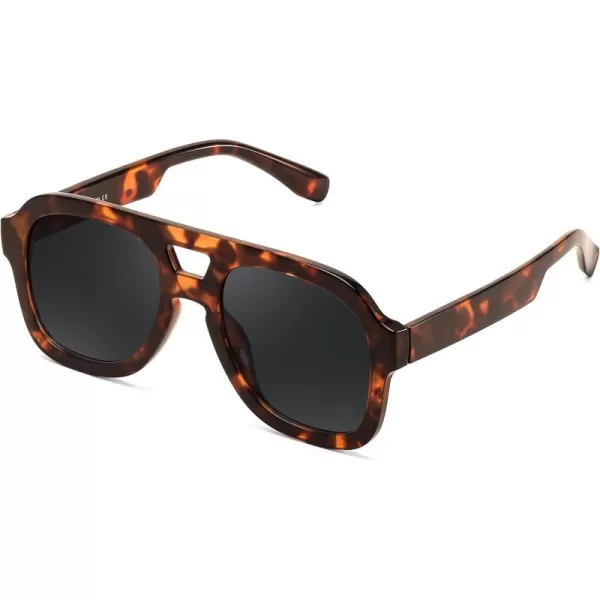 FEISEDY Vintage Aviator Sunglasses Double Bridge Women Men Large Square Thick Frame Trendy Eyewear UV400 B2846Brown Tortoise Frame  Grey Lens