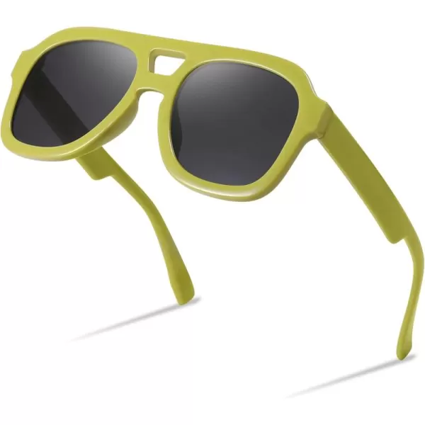 FEISEDY Vintage Aviator Sunglasses Double Bridge Women Men Large Square Thick Frame Trendy Eyewear UV400 B2846Green Frame  Gray Lens