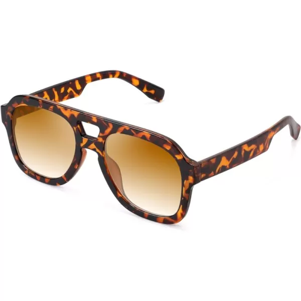 FEISEDY Vintage Aviator Sunglasses Double Bridge Women Men Large Square Thick Frame Trendy Eyewear UV400 B2846Leopard Frame  Tea Lens