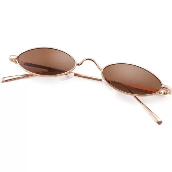 FEISEDY Vintage Small Sunglasses Oval Slender Metal Frame Candy Colors B227711 Glod Frame Brown Lens