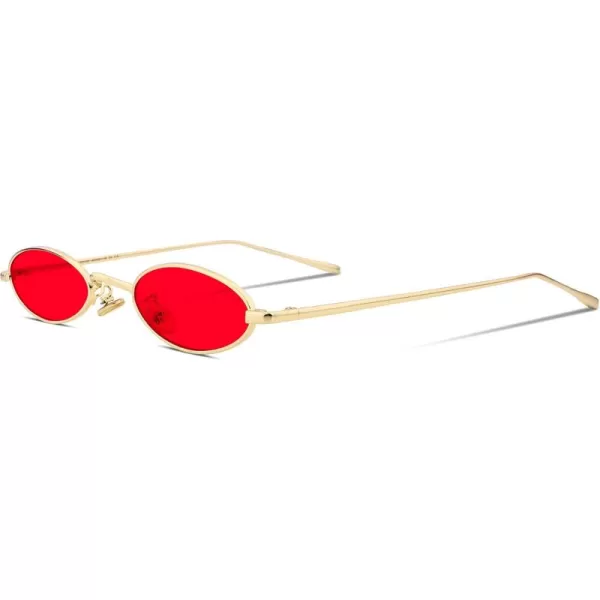 FEISEDY Vintage Small Sunglasses Oval Slender Metal Frame Candy Colors B22772 Glod Frame Red Lens