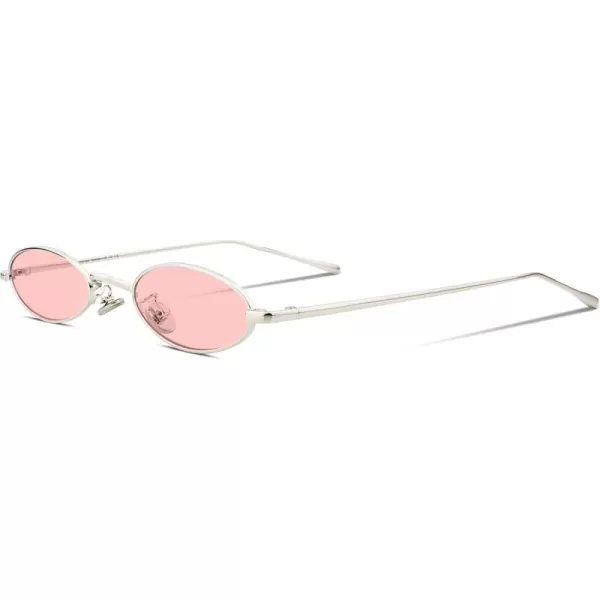 FEISEDY Vintage Small Sunglasses Oval Slender Metal Frame Candy Colors B22773 Sliver Frame Pink Lens