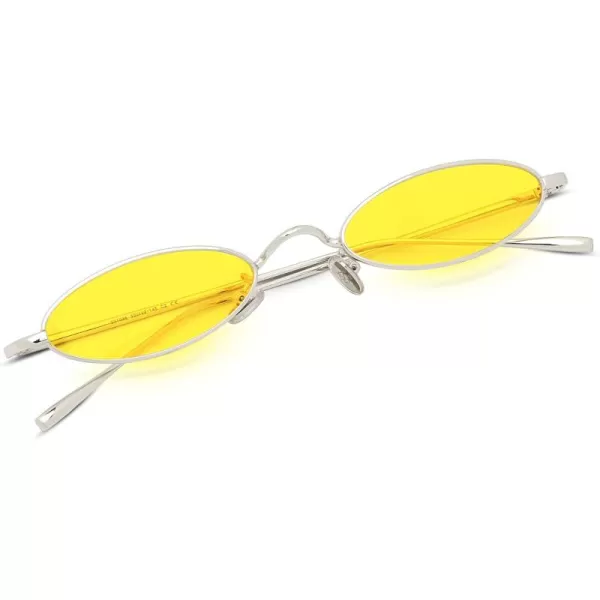 FEISEDY Vintage Small Sunglasses Oval Slender Metal Frame Candy Colors B22774 Sliver Frame Yellow Lens