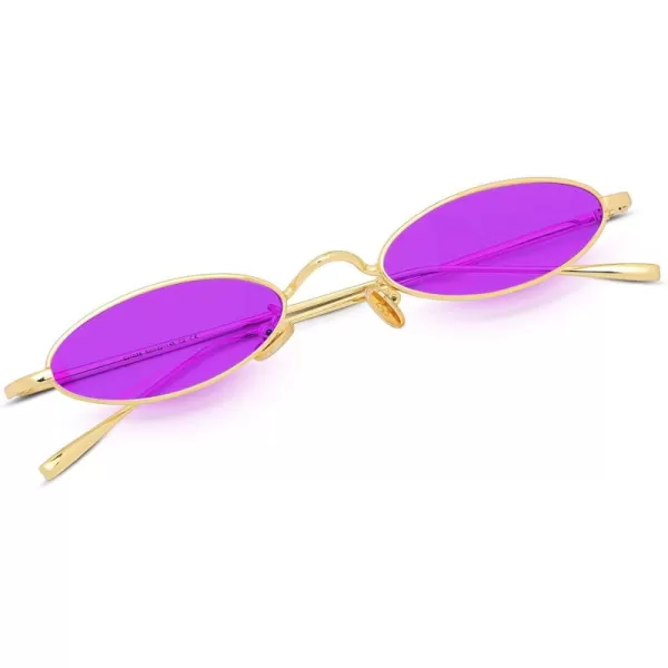 FEISEDY Vintage Small Sunglasses Oval Slender Metal Frame Candy Colors B22776glod Frame Purple Lens