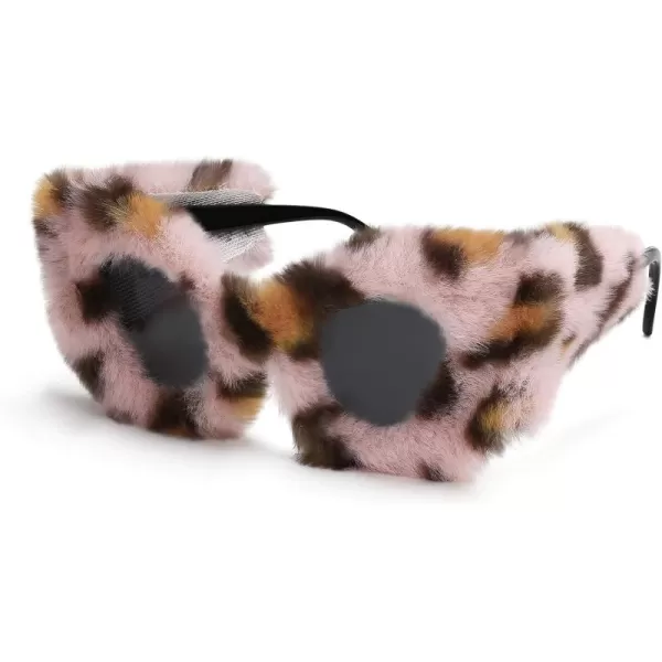 FEISEDY Women Plush Fuzzy Cat Eye Sunglasses Punk Soft Velvet Shades Ladies Handmade Party Masquerade Eyewear B2877Pink Leopard