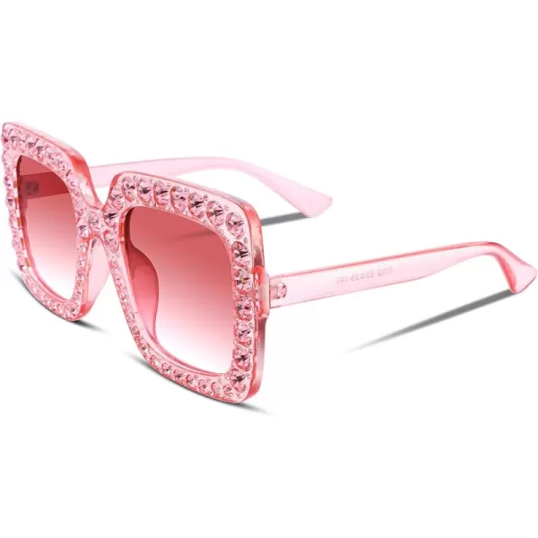 FEISEDY Women Sparkling Crystal Sunglasses Oversized Square Thick Frame B22831 Gradient Pink