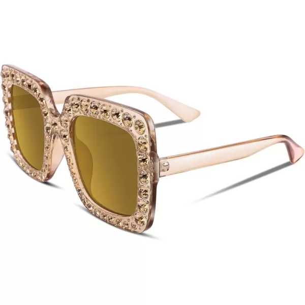 FEISEDY Women Sparkling Crystal Sunglasses Oversized Square Thick Frame B22832 Champagne Gold
