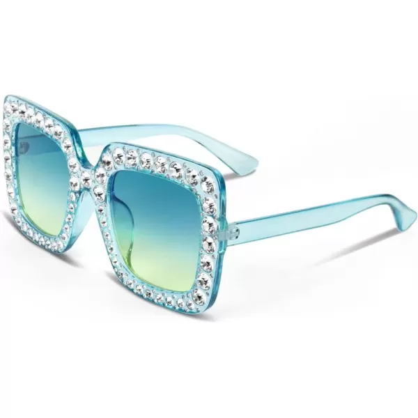 FEISEDY Women Sparkling Crystal Sunglasses Oversized Square Thick Frame B22833 Transparent Blue Green