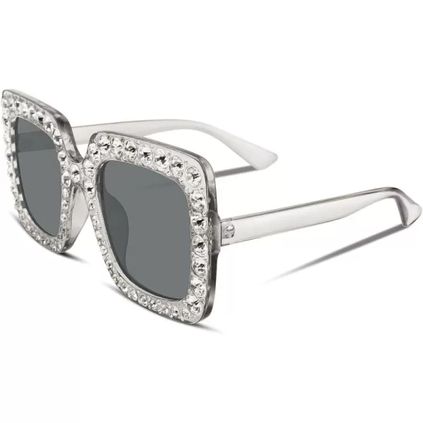 FEISEDY Women Sparkling Crystal Sunglasses Oversized Square Thick Frame B22833 Transparent  Grey
