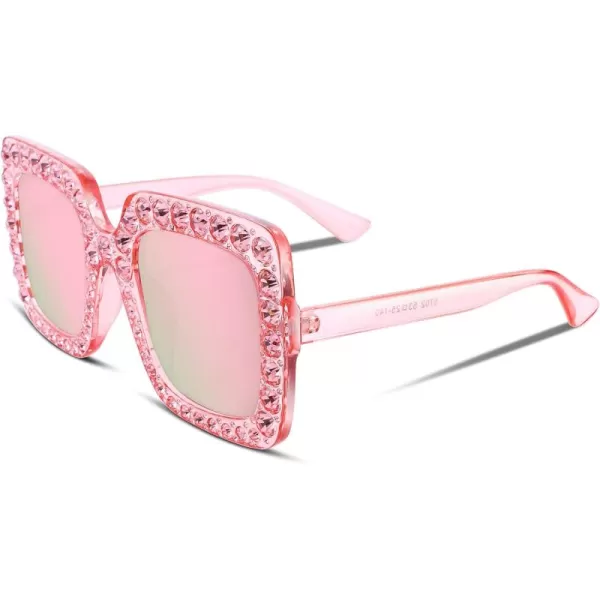 FEISEDY Women Sparkling Crystal Sunglasses Oversized Square Thick Frame B22836 Mirrored Pink