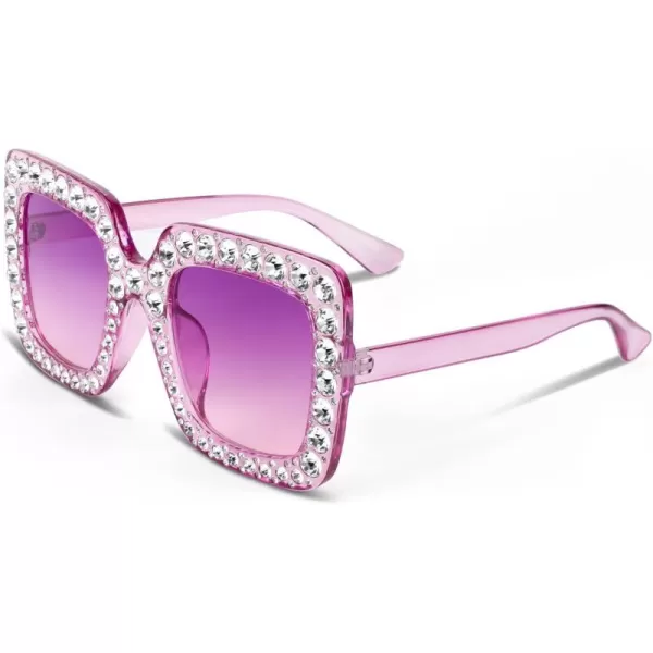 FEISEDY Women Sparkling Crystal Sunglasses Oversized Square Thick Frame B22839 Transparent Purple