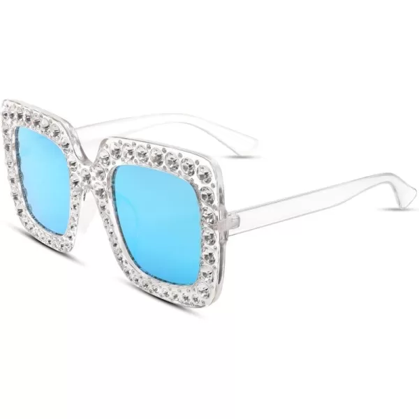 FEISEDY Women Sparkling Crystal Sunglasses Oversized Square Thick Frame B2283Mirrored Blue