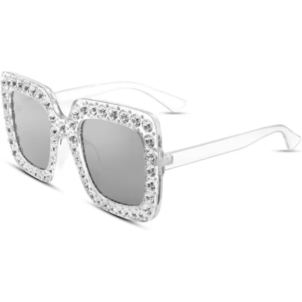 FEISEDY Women Sparkling Crystal Sunglasses Oversized Square Thick Frame B2283Mirrored White
