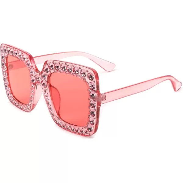 FEISEDY Women Sparkling Crystal Sunglasses Oversized Square Thick Frame B2283Transparent Pink