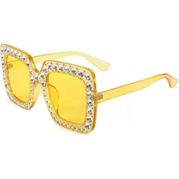 FEISEDY Women Sparkling Crystal Sunglasses Oversized Square Thick Frame B2283Transparent Yellow