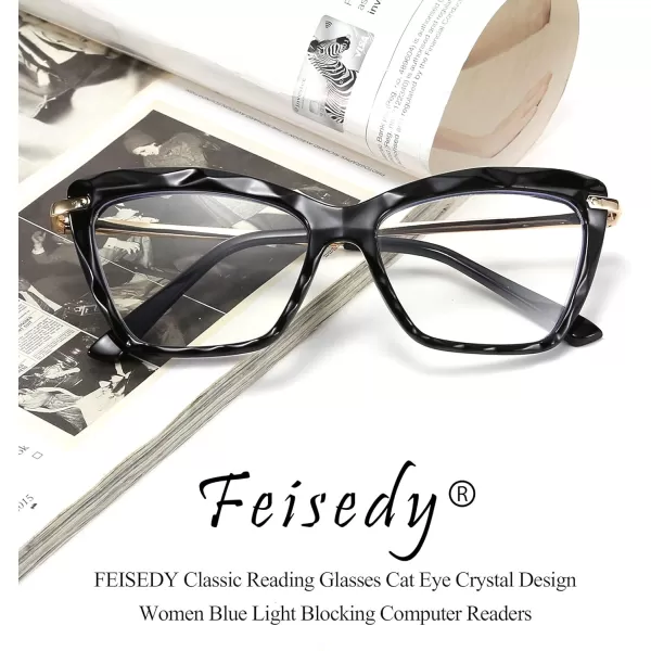 FEISEDY Crystal Cat Eye Reading Glasses Blue Light Blocking Reader Anti Eyestrain Glasses B2596 Champagne 200xBlack