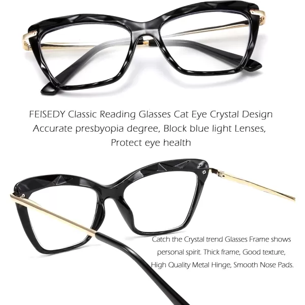 FEISEDY Crystal Cat Eye Reading Glasses Blue Light Blocking Reader Anti Eyestrain Glasses B2596 Champagne 200xBlack