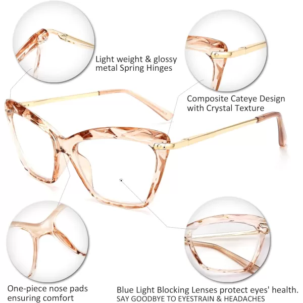 FEISEDY Crystal Cat Eye Reading Glasses Blue Light Blocking Reader Anti Eyestrain Glasses B2596 Champagne 200xChampagne