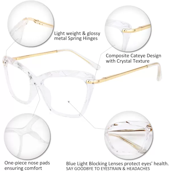 FEISEDY Crystal Cat Eye Reading Glasses Blue Light Blocking Reader Anti Eyestrain Glasses B2596 Champagne 200xClear
