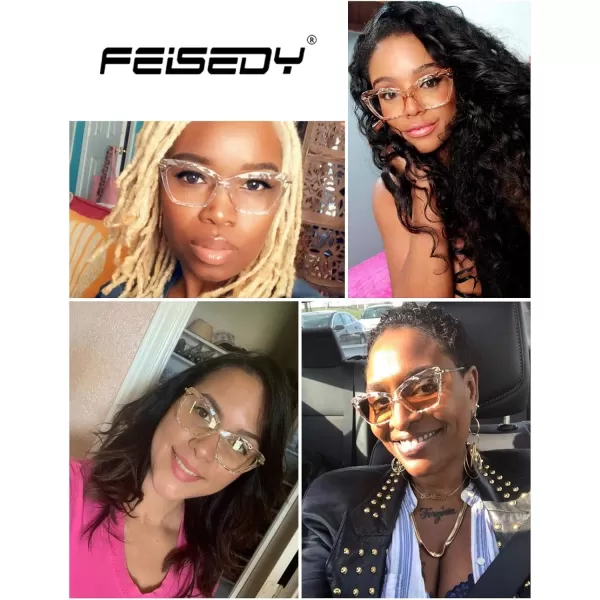 FEISEDY Crystal Cat Eye Reading Glasses Blue Light Blocking Reader Anti Eyestrain Glasses B2596 Champagne 200xClear