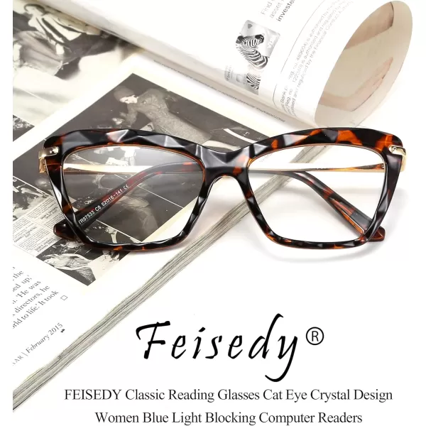 FEISEDY Crystal Cat Eye Reading Glasses Blue Light Blocking Reader Anti Eyestrain Glasses B2596 Champagne 200xLeopard