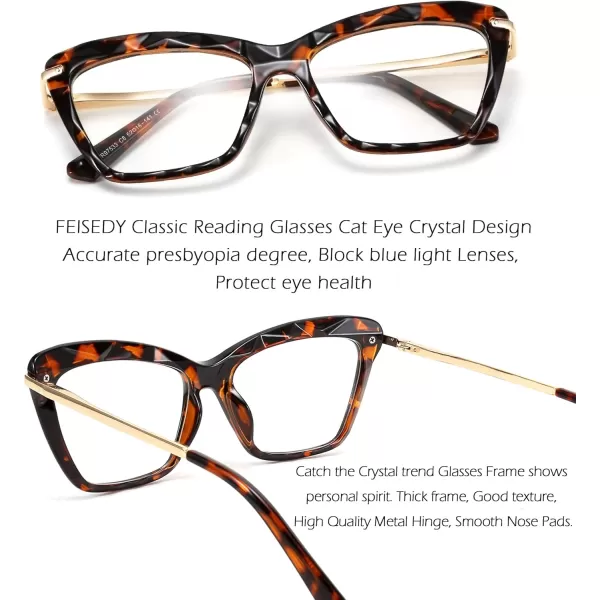 FEISEDY Crystal Cat Eye Reading Glasses Blue Light Blocking Reader Anti Eyestrain Glasses B2596 Champagne 200xLeopard