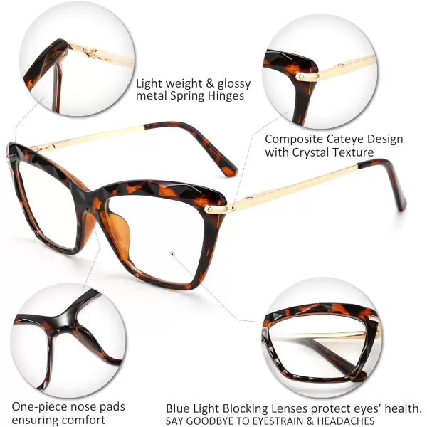 FEISEDY Crystal Cat Eye Reading Glasses Blue Light Blocking Reader Anti Eyestrain Glasses B2596 Champagne 200xLeopard