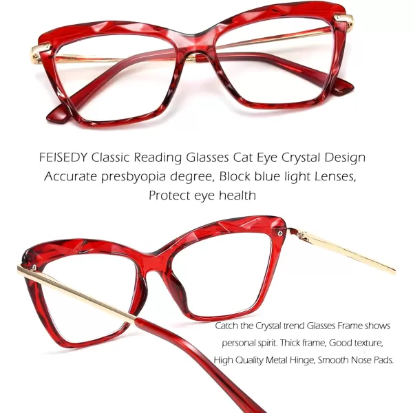 FEISEDY Crystal Cat Eye Reading Glasses Blue Light Blocking Reader Anti Eyestrain Glasses B2596 Champagne 200xWine