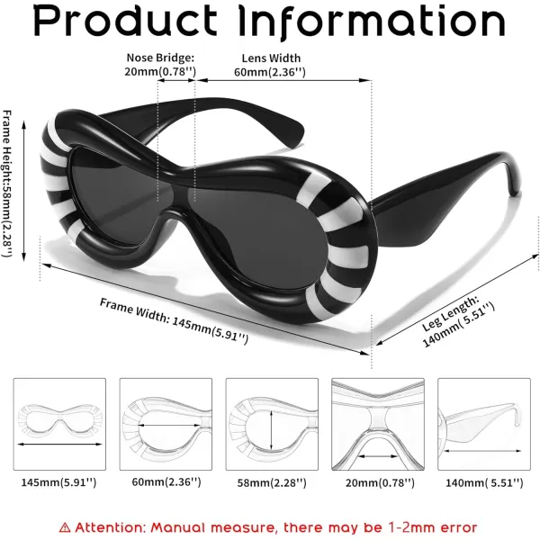 FEISEDY Inflated Oval Sunglasses for Women Men Fashion Oversized Thick Frame Y2K Glasses Funny Aesthetic Shades B9088Black Stripe