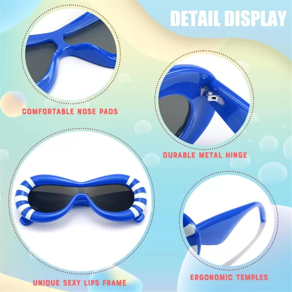 FEISEDY Inflated Oval Sunglasses for Women Men Fashion Oversized Thick Frame Y2K Glasses Funny Aesthetic Shades B9088Blue Stripe