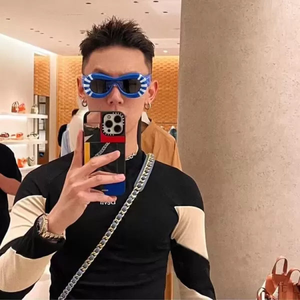 FEISEDY Inflated Oval Sunglasses for Women Men Fashion Oversized Thick Frame Y2K Glasses Funny Aesthetic Shades B9088Blue Stripe
