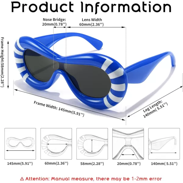 FEISEDY Inflated Oval Sunglasses for Women Men Fashion Oversized Thick Frame Y2K Glasses Funny Aesthetic Shades B9088Blue Stripe