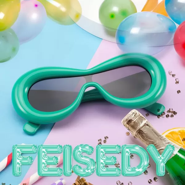 FEISEDY Inflated Oval Sunglasses for Women Men Fashion Oversized Thick Frame Y2K Glasses Funny Aesthetic Shades B9088Green
