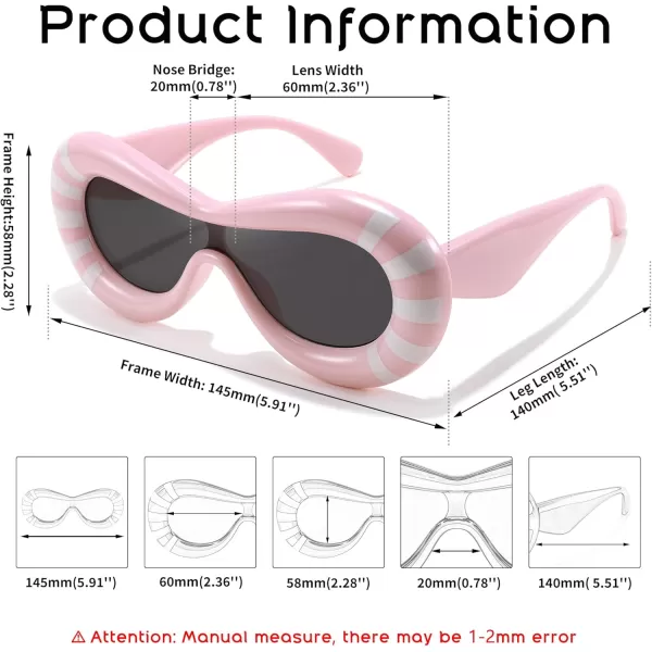 FEISEDY Inflated Oval Sunglasses for Women Men Fashion Oversized Thick Frame Y2K Glasses Funny Aesthetic Shades B9088Pink Stripe