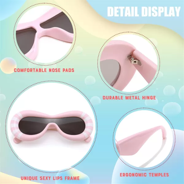 FEISEDY Inflated Oval Sunglasses for Women Men Fashion Oversized Thick Frame Y2K Glasses Funny Aesthetic Shades B9088Pink Stripe