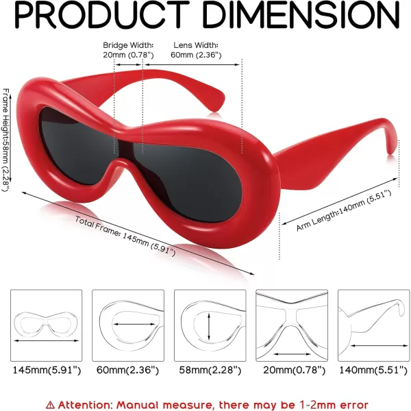 FEISEDY Inflated Oval Sunglasses for Women Men Fashion Oversized Thick Frame Y2K Glasses Funny Aesthetic Shades B9088Red