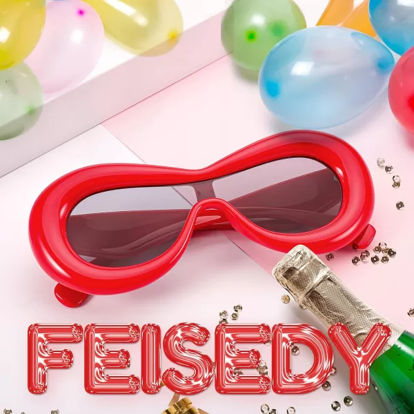 FEISEDY Inflated Oval Sunglasses for Women Men Fashion Oversized Thick Frame Y2K Glasses Funny Aesthetic Shades B9088Red