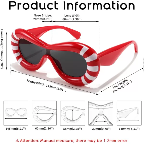FEISEDY Inflated Oval Sunglasses for Women Men Fashion Oversized Thick Frame Y2K Glasses Funny Aesthetic Shades B9088Red Stripe
