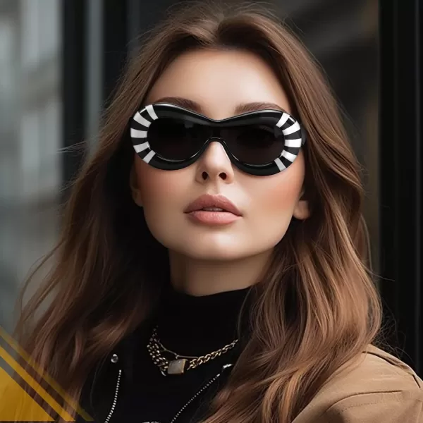 FEISEDY Inflated Oval Sunglasses for Women Men Fashion Oversized Thick Frame Y2K Glasses Funny Aesthetic Shades B9088Red Stripe