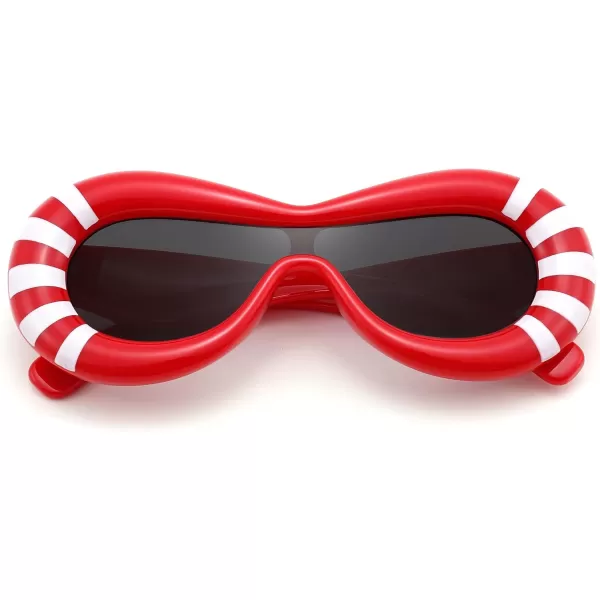 FEISEDY Inflated Oval Sunglasses for Women Men Fashion Oversized Thick Frame Y2K Glasses Funny Aesthetic Shades B9088Red Stripe