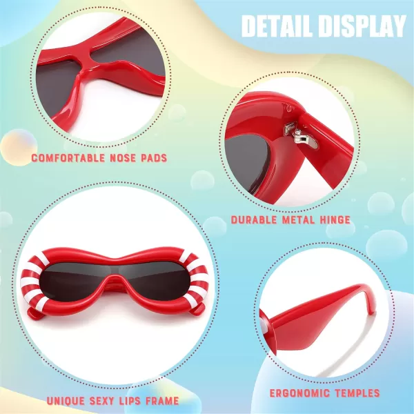 FEISEDY Inflated Oval Sunglasses for Women Men Fashion Oversized Thick Frame Y2K Glasses Funny Aesthetic Shades B9088Red Stripe