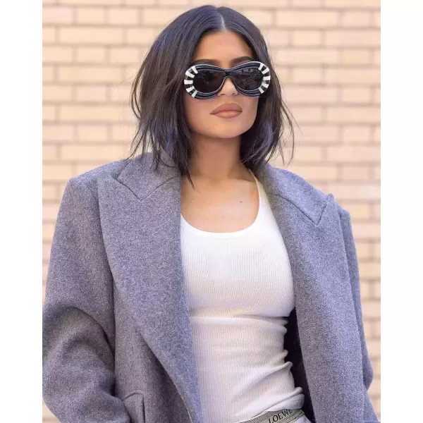 FEISEDY Inflated Oval Sunglasses for Women Men Fashion Oversized Thick Frame Y2K Glasses Funny Aesthetic Shades B9088Red Stripe