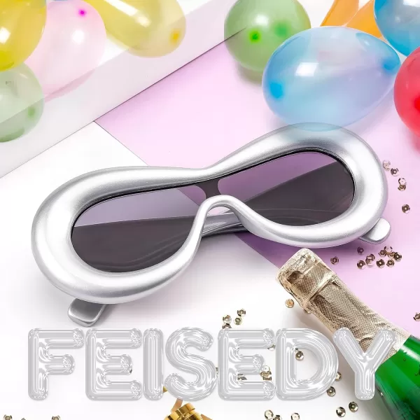 FEISEDY Inflated Oval Sunglasses for Women Men Fashion Oversized Thick Frame Y2K Glasses Funny Aesthetic Shades B9088Silver FrameGrey Lens