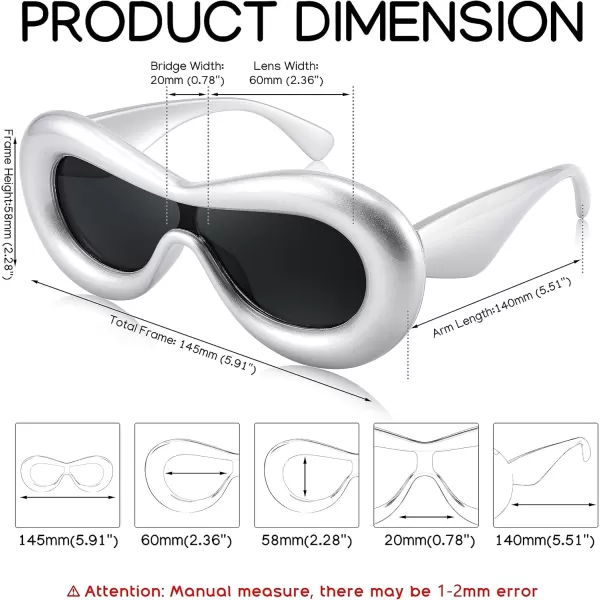 FEISEDY Inflated Oval Sunglasses for Women Men Fashion Oversized Thick Frame Y2K Glasses Funny Aesthetic Shades B9088Silver FrameGrey Lens